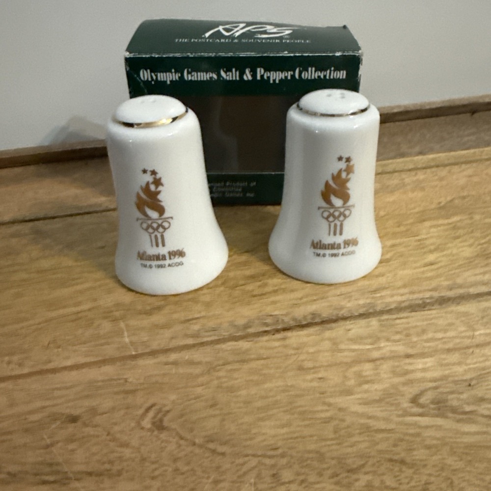 1996 ATLANTA OLYMPICS GOLD TRIM SALT AND PEPPER SHAKERS